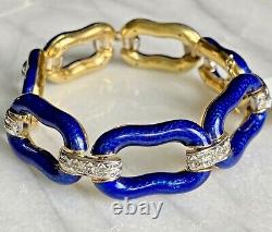 HUGE 18K Yellow Gold Diamond Cobalt Blue Enamel Vintage Mega Link Bracelet 8.25