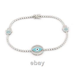 Hamsa Evil Eye Natural Diamond 14k White Gold Bracelet Blue Enamel