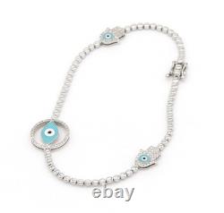 Hamsa Evil Eye Natural Diamond 14k White Gold Bracelet Blue Enamel