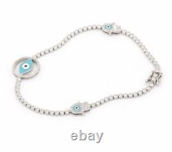 Hamsa Evil Eye Natural Diamond 14k White Gold Bracelet Blue Enamel