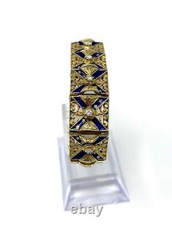 Handmade Antique 18KT 750 Yellow Gold Blue Enamel & Diamond Linked Bracelet