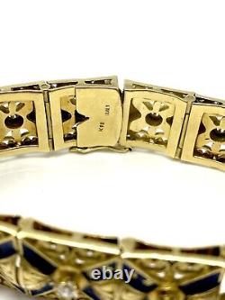 Handmade Antique 18KT 750 Yellow Gold Blue Enamel & Diamond Linked Bracelet