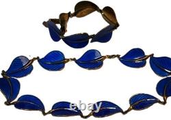 Hans Myhre Blue Enamel Leaf 925 Sterling Norweigan Necklace Bracelet Set Retro