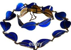 Hans Myhre Blue Enamel Leaf 925 Sterling Norweigan Necklace Bracelet Set Retro