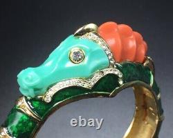 Hattie Carnegie Vintage Gold Plated Green Enamel Blue Red Resin Dragon Bracelet