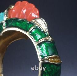 Hattie Carnegie Vintage Gold Plated Green Enamel Blue Red Resin Dragon Bracelet