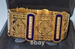 Heavy Antique 18k Gold Victorian Pearl & Cobalt Blue Enamel Bracelet 52gm