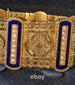 Heavy Antique 18k Gold Victorian Pearl & Cobalt Blue Enamel Bracelet 52gm