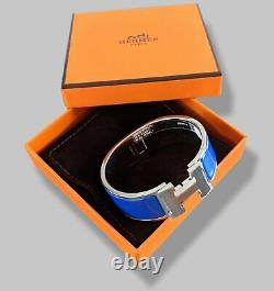 Hermes 76 Cobalt Blue Enamel & AG CLIC CLAC H Wide Bangle Bracelet Sz PM BNIB