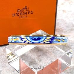 Hermes Bangle Bracelet Blue Enamel Sailing Boat Ship & Sun Gold Rim 65 withBox