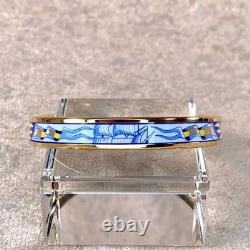 Hermes Bangle Bracelet Blue Enamel Sailing Boat Ship & Sun Gold Rim 65 withBox
