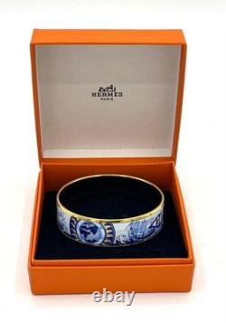 Hermes Bangle Bracelet Blue Enamel Sailing Boat Ship & Sun Gold Rim withBox