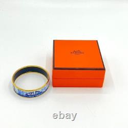 Hermes Bangle Bracelet Blue Enamel Sailing Boat Ship & Sun Gold Rim withBox