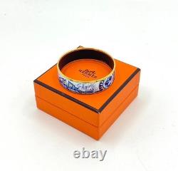 Hermes Bangle Bracelet Blue Enamel Sailing Boat Ship & Sun Gold Rim withBox