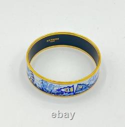 Hermes Bangle Bracelet Blue Enamel Sailing Boat Ship & Sun Gold Rim withBox