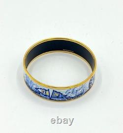 Hermes Bangle Bracelet Blue Enamel Sailing Boat Ship & Sun Gold Rim withBox