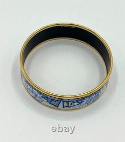 Hermes Bangle Bracelet Blue Enamel Sailing Boat Ship & Sun Gold Rim withBox