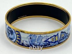Hermes Bangle Bracelet Blue Enamel Sailing Boat Ship & Sun Gold Rim withBox