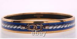 Hermes Bangle Enamel PM Belt Pattern Cloisonne Bracelet Y Stamp Navy Blue x Gold