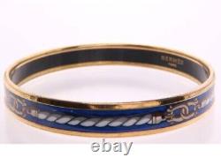 Hermes Bangle Enamel PM Belt Pattern Cloisonne Bracelet Y Stamp Navy Blue x Gold