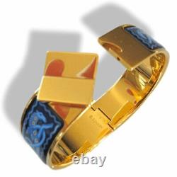 Hermes Blue Enamel/Gold Horses Clic Clac Bangle Bracelet Sz S, Box