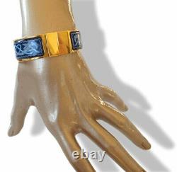 Hermes Blue Enamel/Gold Horses Clic Clac Bangle Bracelet Sz S, Box