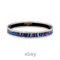 Hermès Blue Enamel Palladium Plated Bangle Narrow Bracelet Large Size