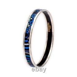 Hermès Blue Enamel Palladium Plated Bangle Narrow Bracelet Large Size