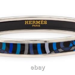 Hermès Blue Enamel Palladium Plated Bangle Narrow Bracelet Large Size