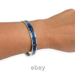Hermès Blue Enamel Palladium Plated Bangle Narrow Bracelet Large Size