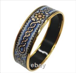 Hermes Bracelet Bangle Gold & Blue Enamel with Mosaic Tile Design Dia. 2.8 in