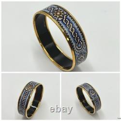 Hermes Bracelet Bangle Gold & Blue Enamel with Mosaic Tile Design Dia. 2.8 in
