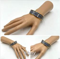 Hermes Bracelet Bangle Gold & Blue Enamel with Mosaic Tile Design Dia. 2.8 in