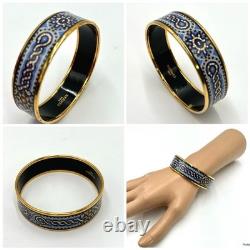 Hermes Bracelet Bangle Gold & Blue Enamel with Mosaic Tile Design Dia. 2.8 in