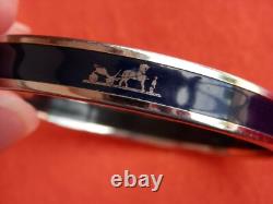 Hermes Bracelet Dark Blue Enamel Caleche Silvertone Narrow Bangle Bracelet