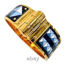 Hermes Charnière GM Bracelet Bangle Enamel Blue Gold Color Metal Width 2.2cm