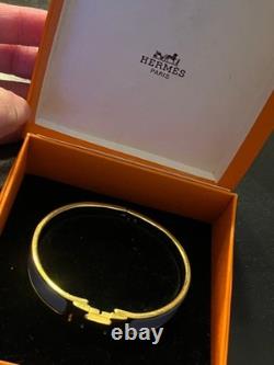 Hermes Clic Clac H Bracelet Blue Enamel Gold Tone Bangle PM16JPN