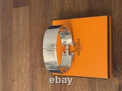 Hermès Clic Clac H Bracelet Blue Enamel Palladium PM Bangle Authentic No Box