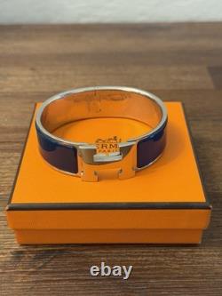 Hermès Clic Clac H Bracelet Blue Enamel Palladium PM Bangle Authentic No Box