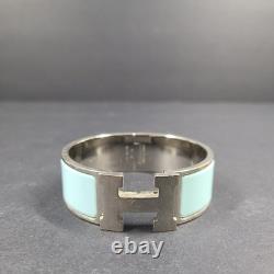 Hermes Clic Clac H Bracelet Silver Enamel Light Blue Wide PM 100% Authentic