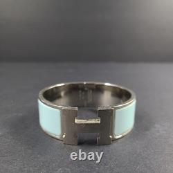 Hermes Clic Clac H Bracelet Silver Enamel Light Blue Wide PM 100% Authentic