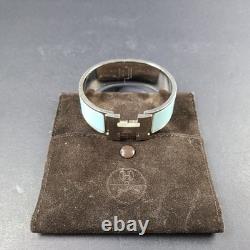 Hermes Clic Clac H Bracelet Silver Enamel Light Blue Wide PM 100% Authentic