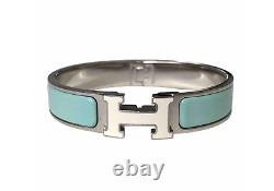 Hermes Clic Clac H Narrow Enamel Cream Pale Pastel Blue Silver Bracelet PM