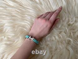 Hermes Clic Clac H Narrow Enamel Cream Pale Pastel Blue Silver Bracelet PM