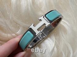 Hermes Clic Clac H Narrow Enamel Cream Pale Pastel Blue Silver Bracelet PM