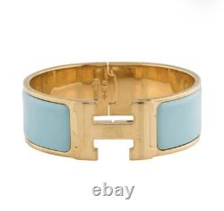 Hermès Clic Clac H Wide Bangle Bracelet Blue Enamel Gold Plated Authentic