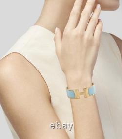 Hermès Clic Clac H Wide Bangle Bracelet Blue Enamel Gold Plated Authentic