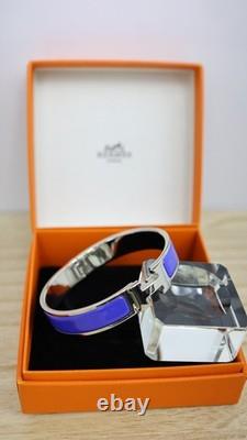Hermes Clic H Bracelet Narrow Blue Enamel Silver Plated PM 16cm Size 6.3 Box