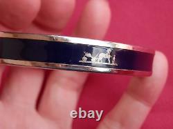 Hermes Dark Blue Enamel Caleche Silvertone Narrow Bangle Bracelet