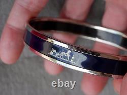 Hermes Dark Blue Enamel Caleche Silvertone Narrow Bangle Bracelet